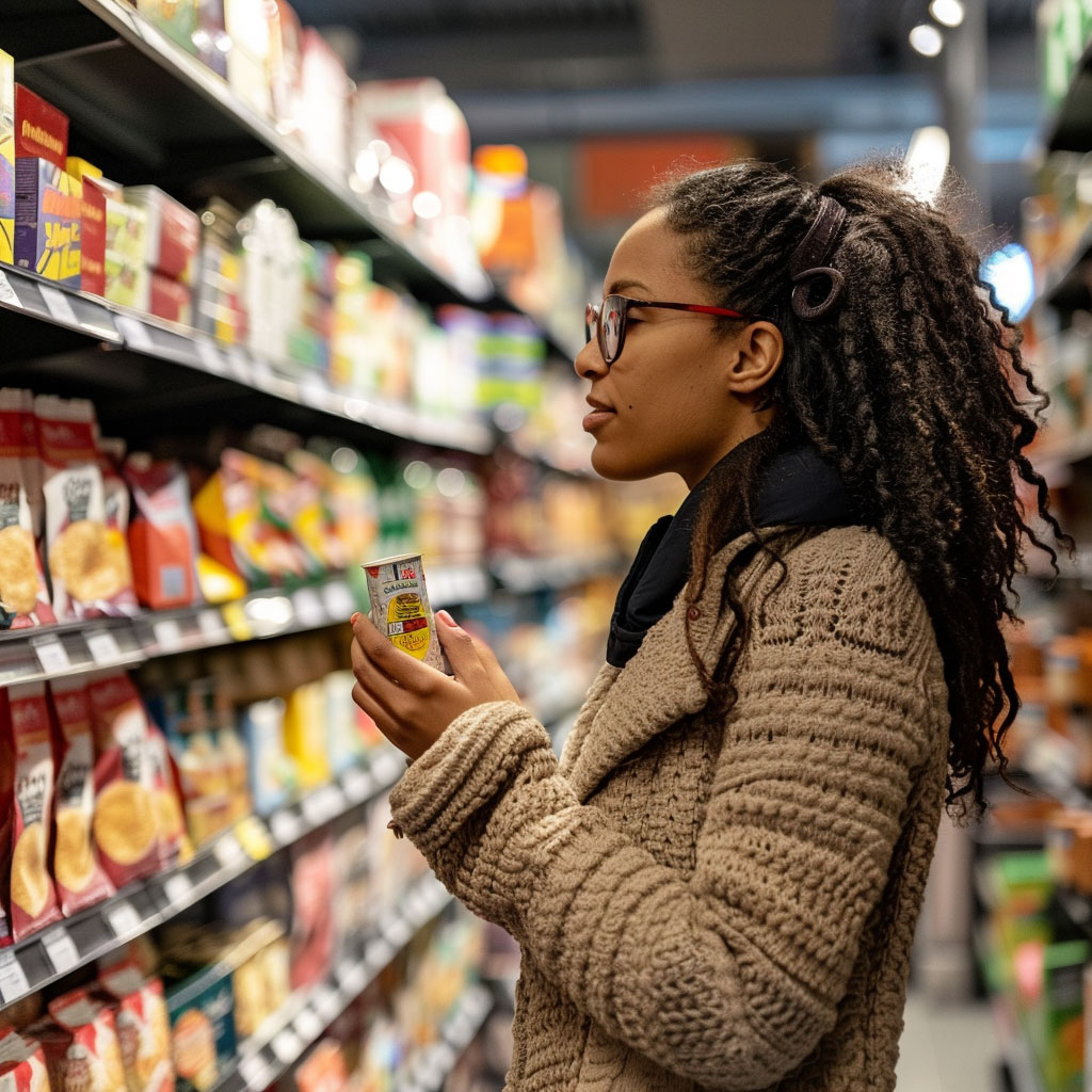 Woman in super market, choosing between different colored packaged products